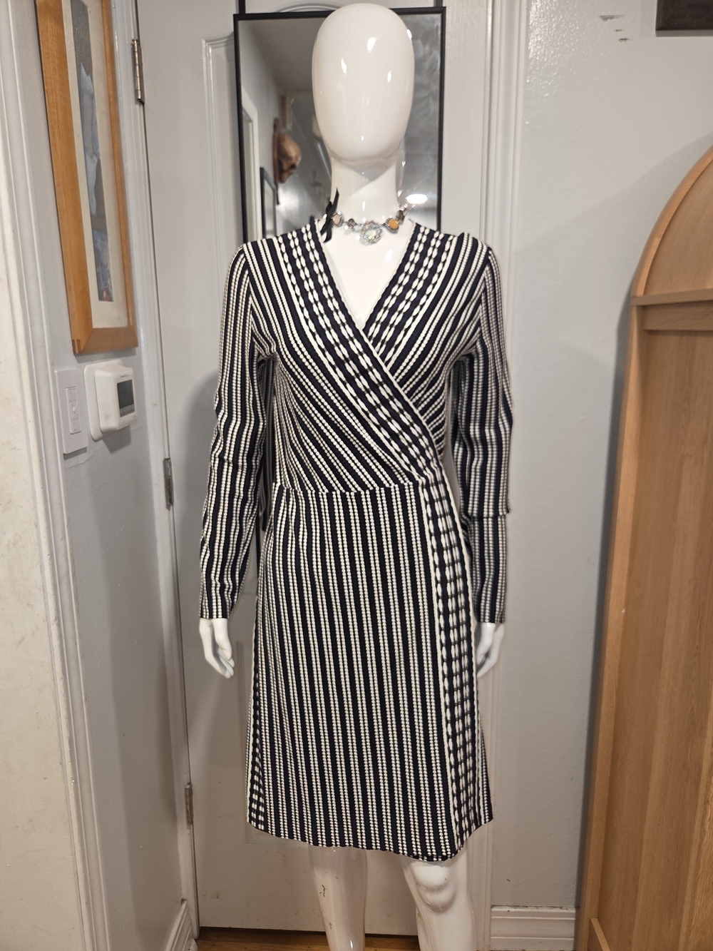 Tory Burch Elegant Black and White Striped Faux-Wrap Long Sleeve Dress Sz M